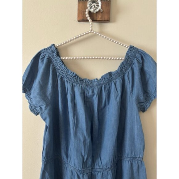 NWT MPH Collection Womens Size 3X Chambray Blue Dress Short Sleeve Ruffle Trim - Picture 6 of 8